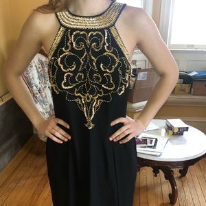 size 12 black floor length dress with gold sequins